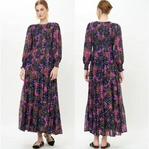 NEW Oliphant Smocked Top Long Sleeve Maxi Dress Suzani Navy Size: XS